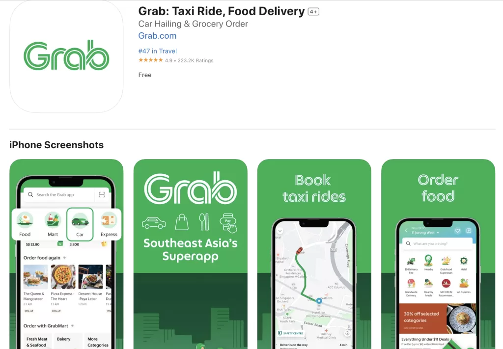 Grab app on the App Store showing its features: taxi booking, food delivery, and grocery services